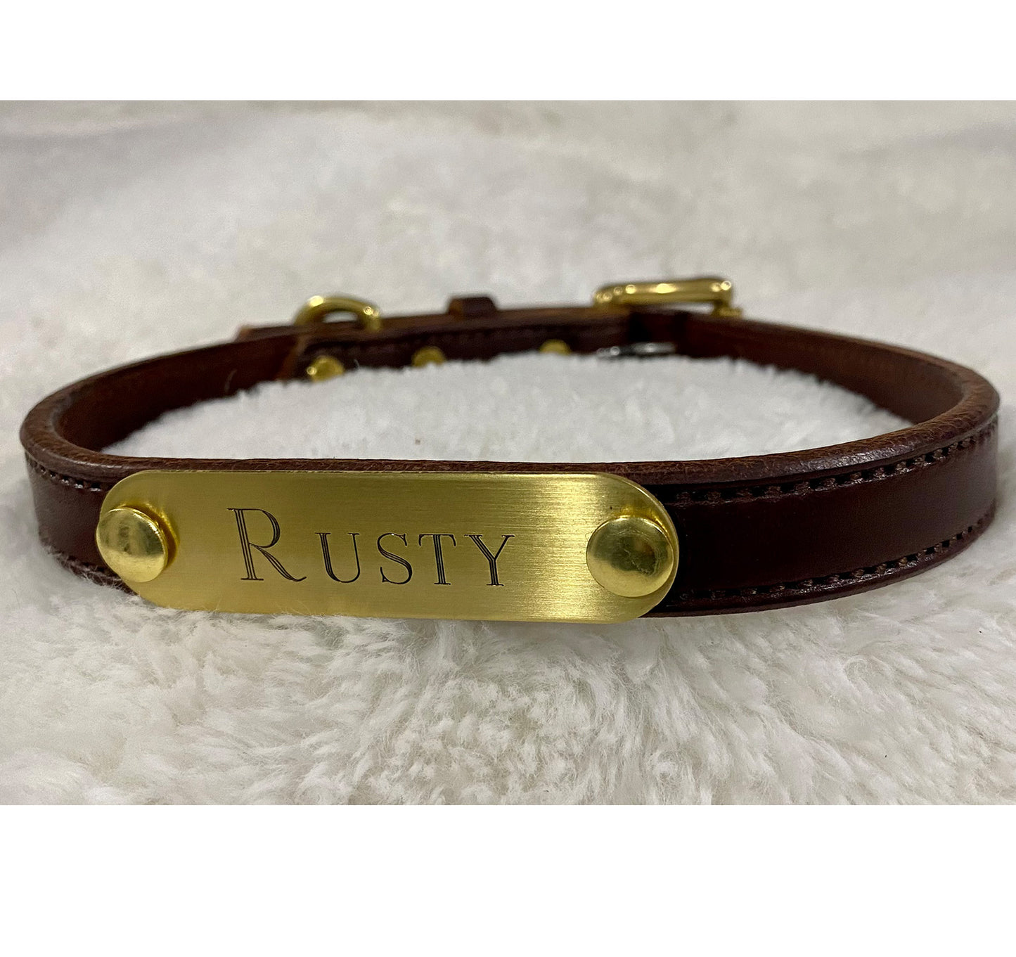 Personalized Amish Made Flat Leather Dog Collar with One Brass Tag